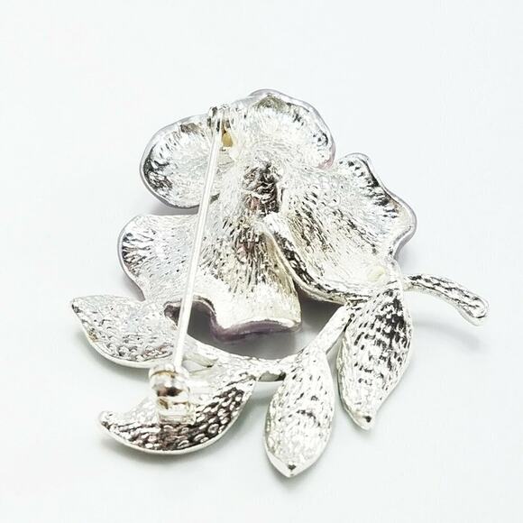 Vintage Purple Green Enamel Flower Brooch, Silver Tone, 1 1/2 In, 1990s - Picture 7 of 8